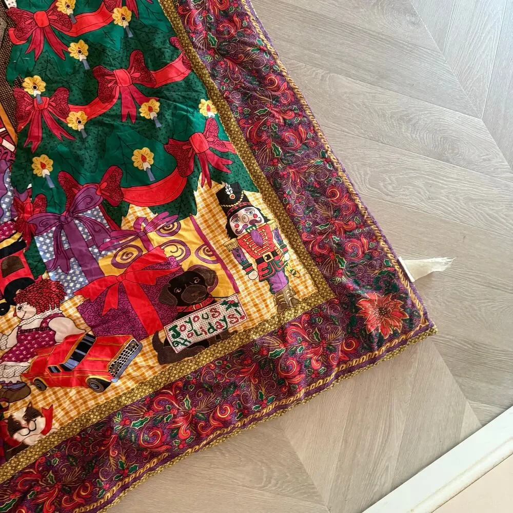 Christmas Quilt Blanket Santa Claus Tree Quilted Wall Hanging Light Grommets